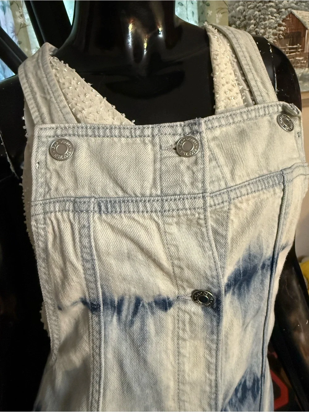 GAP Blue and White Tie-Dye Denim Overall Mini Dress